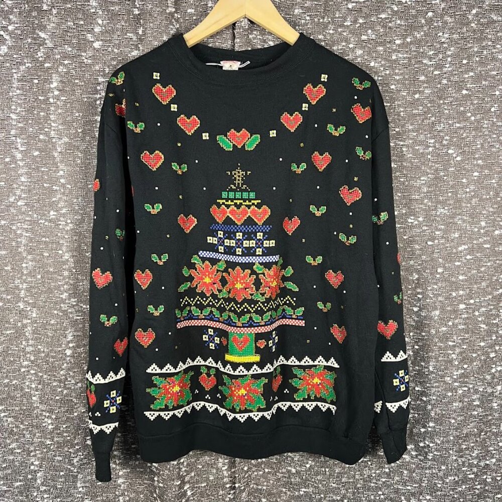 Ugly Christmas Sweater Black with Red and Green Accents